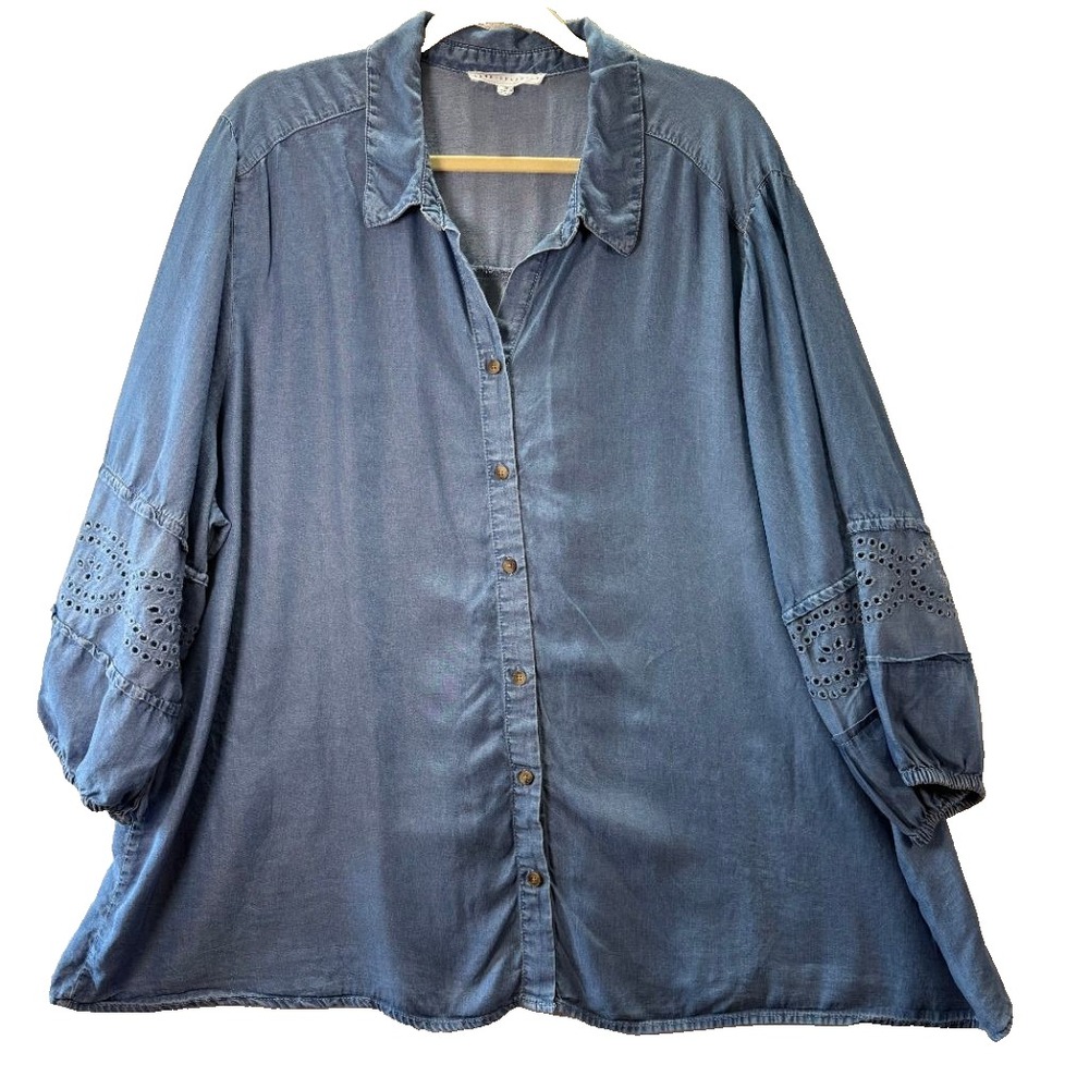 Jane + Delancey 3X Blue Chambray Tencel Eyelet Button Up Shirt Boho Tunic Top